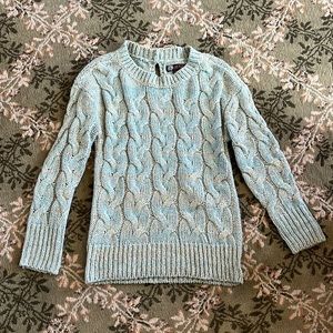 baby blue and gold cable knit crewneck sweater with gold bow in back